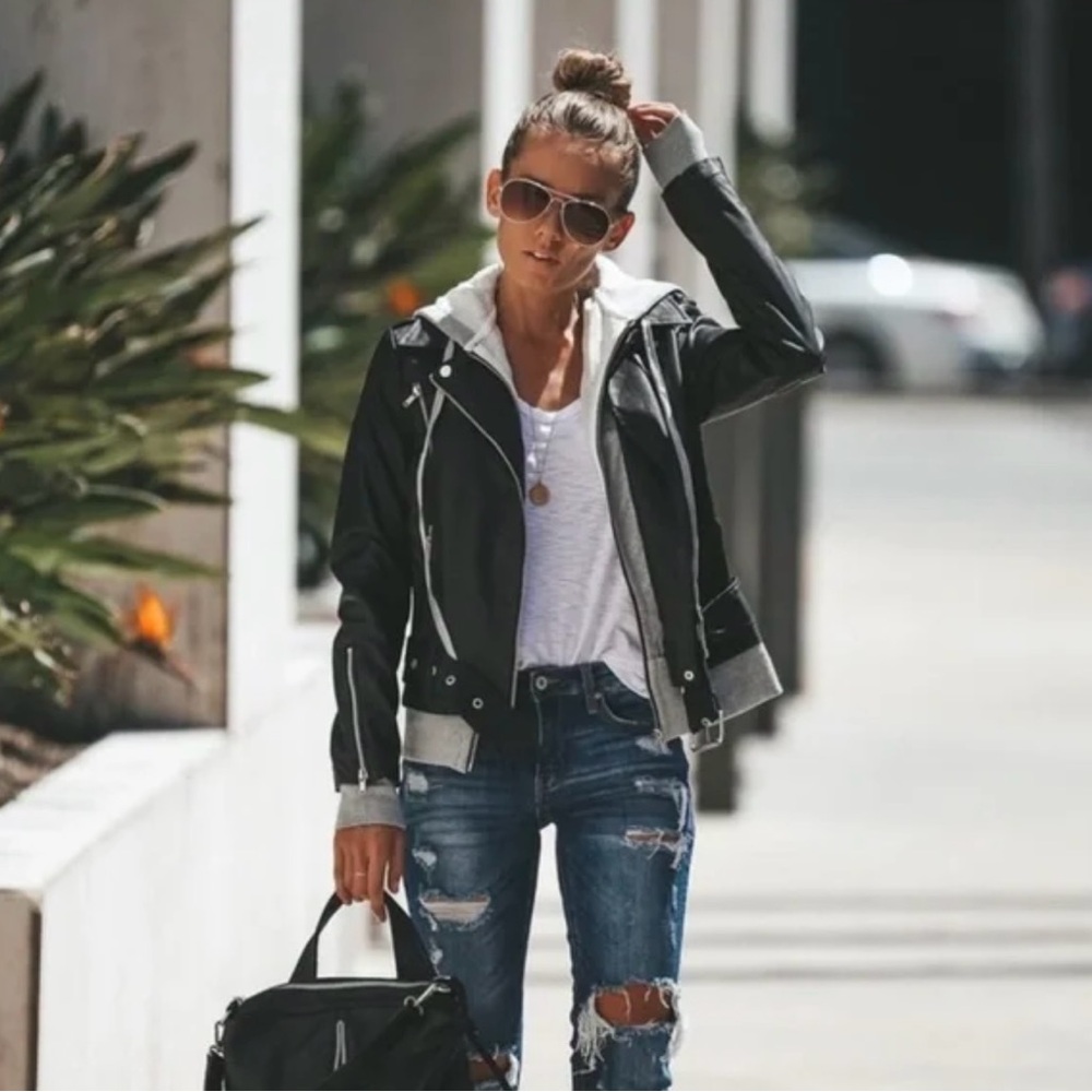 Vici Dylan hooded faux leather pocketed bomber jacket